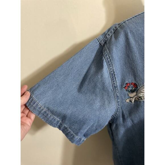 Vintage Embroidered Sunflower Cat Bird Button Front Short Sleeve Denim Shirt Med - Picture 5 of 14